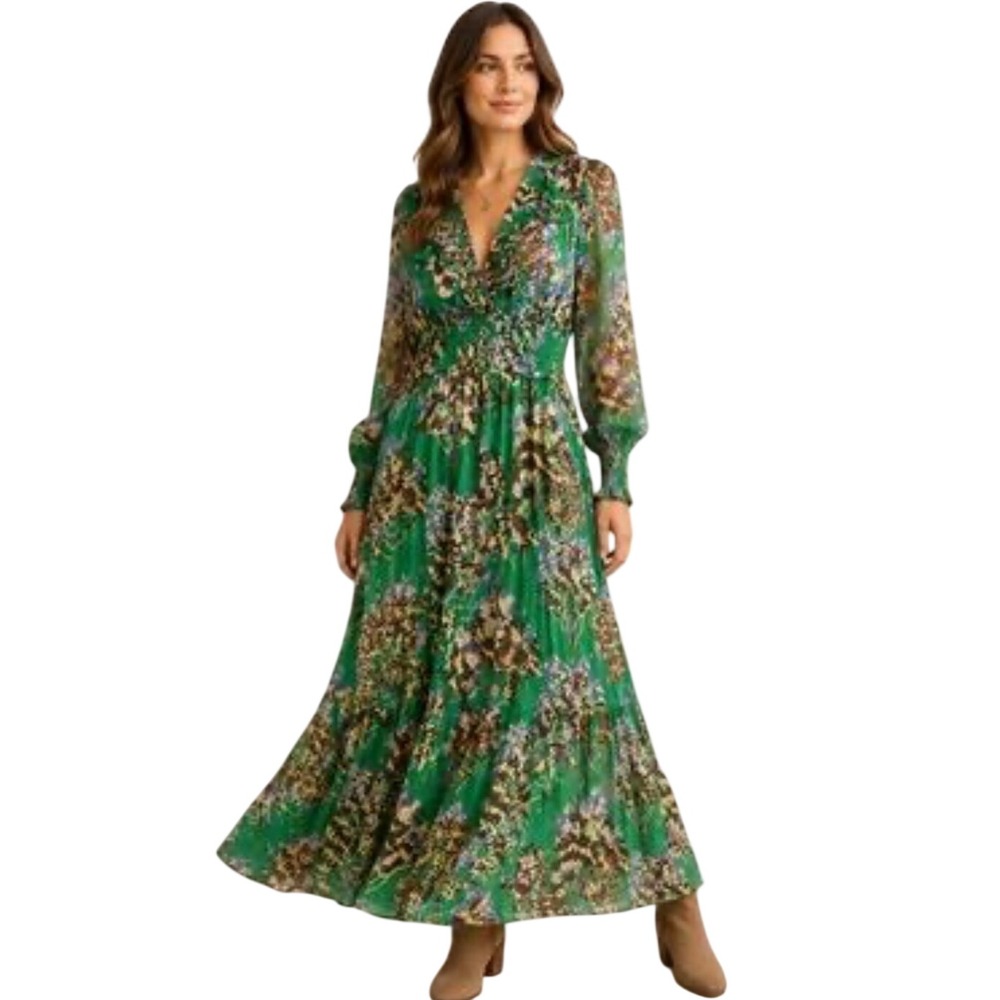 Anthropologie Odetta Green Floral Metallic Ruffle Maxi Dress Small